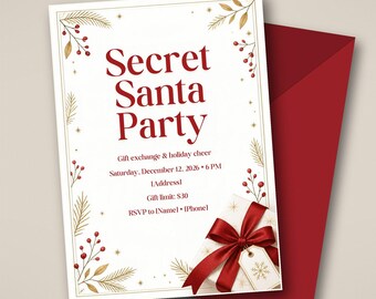 Secret Santa Party Invitation, Christmas Gift Exchange Invite, Red Gold, Editable Canva Template