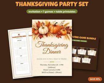 Thanksgiving Party Set, Invitation, 7 Family Games, Menu Cards, Place Cards, Food Labels