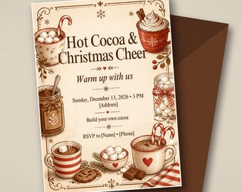 Hot Cocoa Bar Invitation, Christmas Hot Chocolate Party Invite, Candy Cane, Editable Canva Template