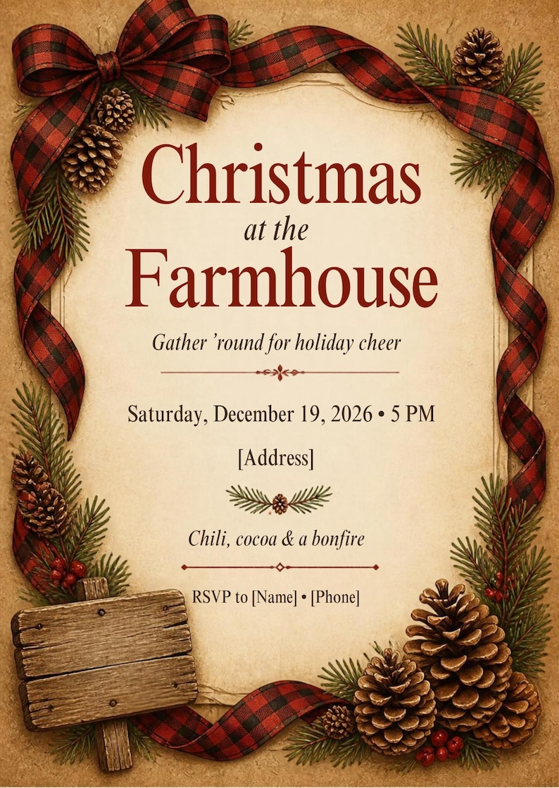 Rustic Christmas Party Invitation, Farmhouse Buffalo Plaid Holiday ...