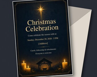 Church Christmas Invitation, Nativity Star Carol Service Invite, Navy Gold, Editable Canva Template