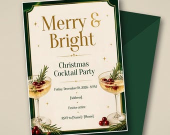 Christmas Cocktail Party Invitation, Merry and Bright Holiday Invite, Emerald Gold, Editable Canva