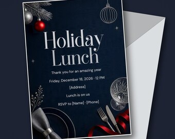 Office Christmas Lunch Invitation, Company Holiday Team Lunch Invite, Navy Silver, Editable Canva