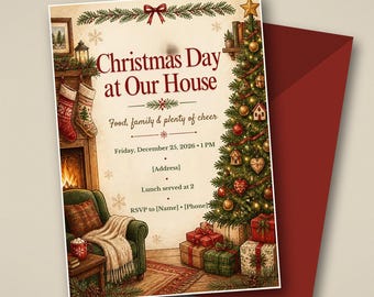 Christmas Day Invitation, Family Christmas Lunch Dinner Invite, Tree Fireplace, Editable Canva Template