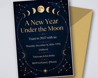 Celestial New Years Eve Invitation, Moon Phase NYE Party Invite, Navy Gold, Canva Template