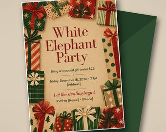 White Elephant Party Invitation, Christmas Gift Exchange Yankee Swap Invite, Editable Canva Template