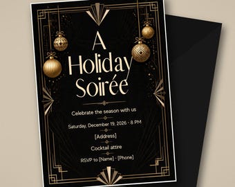 Art Deco Holiday Party Invitation, Black Gold Christmas Soiree Cocktail Invite, Editable Canva Template
