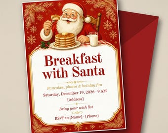 Breakfast with Santa Invitation, Kids Christmas Pancake Breakfast Invite, Editable Canva Template