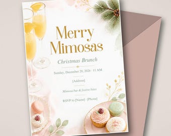Christmas Brunch Invitation, Merry Mimosas Holiday Brunch Invite, Blush Sage Gold, Editable Canva