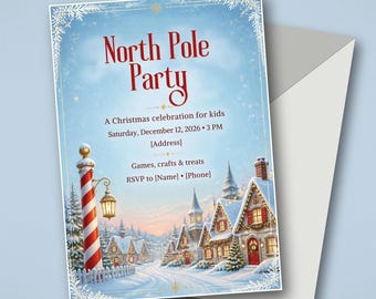 North Pole Kids Christmas Party Invitation, Snowy Village Winter Wonderland Invite, Editable Canva