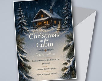 Cabin Christmas Party Invitation, Snowy Log Cabin Holiday Dinner Invite, Editable Canva Template