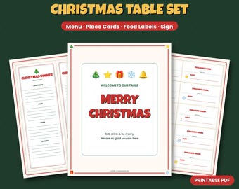 Imprimibles para la mesa navideña, tarjetas de menú, tarjetas de lugar, etiquetas para la comida, cartel de bienvenida.