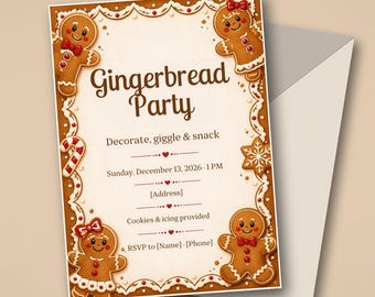 Gingerbread Cookie Decorating Party Invitation, Kids Christmas Party Invite, Editable Canva Template