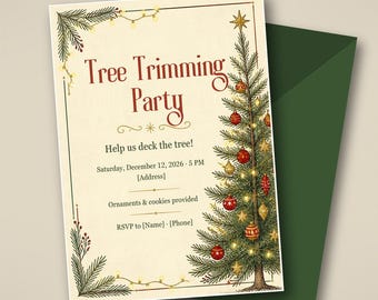 Tree Trimming Party Invitation, Christmas Decorating Night Invite, Editable Canva Template