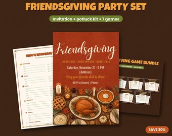 Friendsgiving Party Set, Invitation, Potluck Sign Up Sheet, Food Labels, 7 Party Games