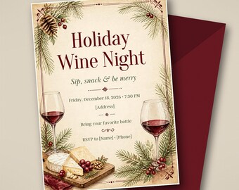 Christmas Wine and Cheese Party Invitation, Holiday Wine Tasting Night Invite, Editable Canva