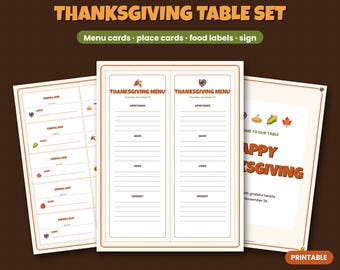 Thanksgiving Table Printables, Menu Cards, Place Cards, Food Labels, Welcome Sign Decor