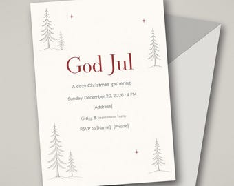 Scandinavian Christmas Invitation, God Jul Nordic Hygge Holiday Party Invite, Editable Canva Template