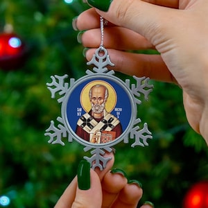 Saint Nicholas Pewter Snowflake Ornament, Orthodox Nativity Ornament, Christmas Decoration, Santa Claus , Orthodox Icon, Christmas Gift