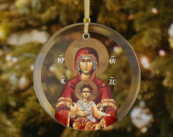 Ornamento in vetro Theotokos, ornamento della Natività ortodossa, decorazione natalizia, Madre di Dio, icona ortodossa, regalo di Natale, decorazione cristiana