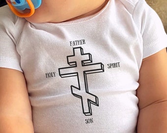 Far son Helig ande body, ortodox body, kristen body, dopgåva för bebisar, grekisk babygåva, korsbody, ortodox babybody