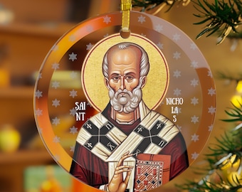 Ornamento in vetro con fiocchi di neve di San Nicola, ornamento della natività ortodossa, decorazione natalizia, Babbo Natale, icona ortodossa, regalo, cristiano