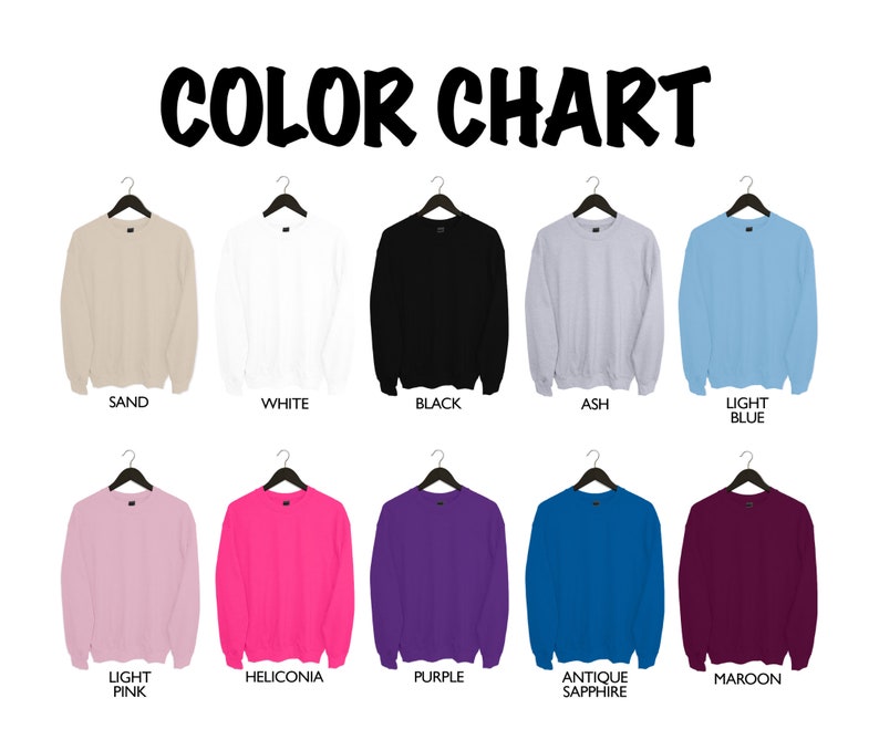 Pu&ograve; includere: Tabella colori che mostra 10 diversi colori di felpe: Sabbia, Bianco, Nero, Cenere, Azzurro, Rosa Chiaro, Heliconia, Viola, Zaffiro Antico e Marrone.