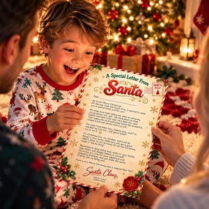 Może przedstawiać: Prostokątny list od Świętego Mikołaja wydrukowany na postarzanym papierze z czerwono-zieloną obwódką. Tekst brzmi A Special Letter From Santa, po którym następuje wiadomość o Bożym Narodzeniu, podpisany Santa Claus z czerwoną pieczęcią.