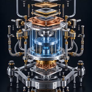 May include: A complex, multi-layered mechanical assembly featuring a central cylindrical glass chamber surrounded by intricate silver and gold-toned metal components, including circuit boards, piping, and precision fasteners.