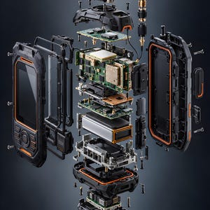 May include: An exploded view of a rugged handheld electronic device featuring a black and orange casing, internal circuit boards, a rectangular battery, a vertical antenna, and various metal screws and structural components.