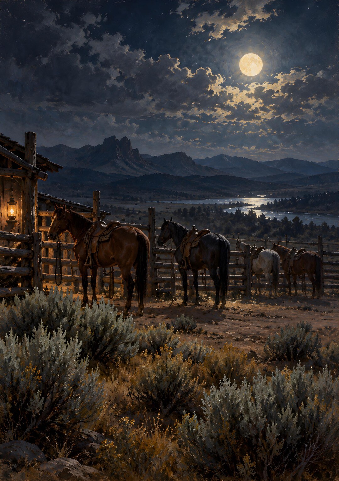Western Moonlit Ranch Horses Poster, Cowboy Wall Art, Rustic Cabin ...