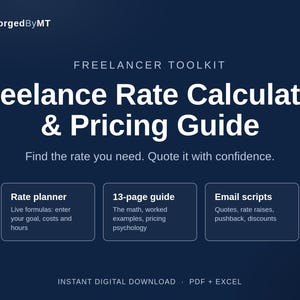 Può includere: Una grafica di prodotto digitale blu scuro intitolata Freelance Rate Calculator & Pricing Guide di ForgedByMT. Include una guida di 13 pagine, un pianificatore di tariffe con formule live e script per email. Disponibile come download PDF ed Excel.