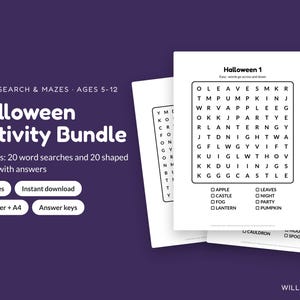 Halloween Woordzoeker & Doolhof Bundel voor Kinderen, 40 Printbare Pagina's (PDF)