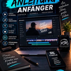 May include: A digital guide for CapCut video editing featuring a laptop displaying the software interface, a smartphone with the CapCut logo, a black notebook with the text Planen Schneiden Kreativ sein Wachsen, a pen, and a black mug with the RTM logo.