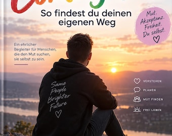 以下が含まれることがあります： Realtalkmitmike著の書籍『Mein Coming-out So findest du deinen eigenen Weg』の表紙。黒いパーカーに「Same People Brighter Future」と書かれた服を着た人物が、夕日を背景に岩の上に座っている様子が描かれています。