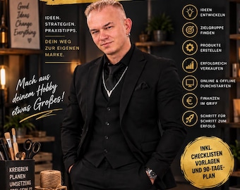 以下が含まれることがあります： Hobbys als Nebenberufというタイトルのプロモーションポスター。黒いスーツを着た人物が、クラフト用品、ノートパソコン、ギフトボックスが置かれた木製のデスクの前に立っている。テキストにはビジネスアドバイス、チェックリスト、Small Hobbies Big Businessというフレーズが含まれている。
