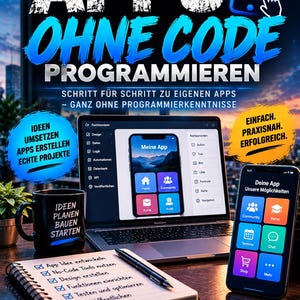 Könnte beinhalten: Ein Buchcover mit dem Titel APPS OHNE CODE PROGRAMMIEREN von Mike Sebastian Wendler. Es zeigt einen Laptop mit App-Entwicklungssoftware, ein Smartphone mit App-Oberfläche, eine schwarze Tasse mit Text und ein Notizbuch mit einer Checkliste.