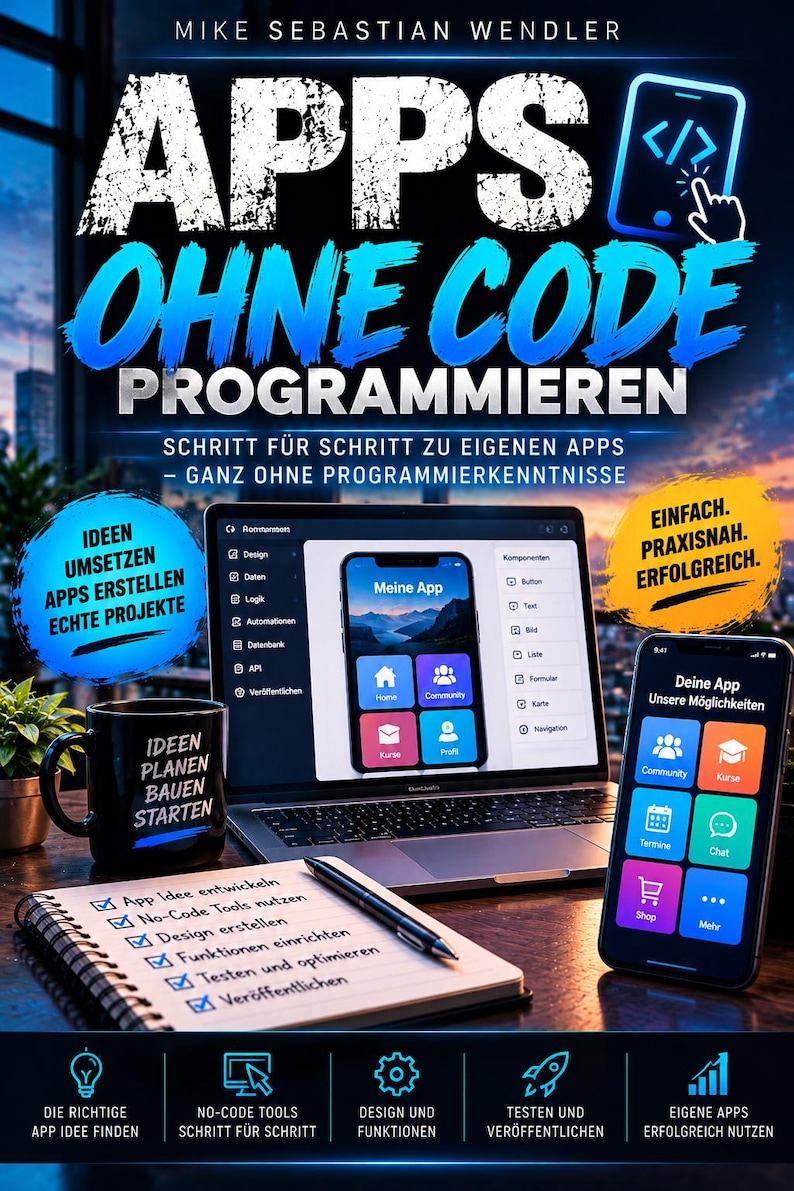 以下が含まれることがあります： マイク・セバスチャン・ウェンドラー著『APPS OHNE CODE PROGRAMMIEREN』のブックカバー。アプリ開発ソフトウェアを表示したノートパソコン、アプリインターフェースを表示したスマートフォン、テキストが書かれた黒いマグカップ、チェックリストが書かれたノートが写っています。