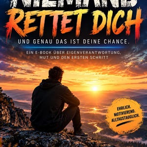 Könnte beinhalten: Ein Buchcover mit dem Titel NIEMAND RETTET DICH UND GENAU DAS IST DEINE CHANCE von Mike Sebastian Wendler. Es zeigt eine Person, die auf einem Felsen sitzt und den Sonnenuntergang über Bergen und einem Fluss betrachtet.
