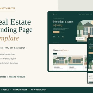 May include: A real estate landing page template featuring a dark green and beige color scheme. The design displays a desktop and mobile view of a website titled Aurel Estates with the text More than a home. A feeling. and Places to call yours.