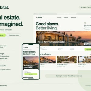 May include: A digital website template titled Habitat, featuring a responsive design for desktop and mobile. The layout displays real estate listings with text, imagery of luxury homes, and buttons labeled HTML + CSS + JS, showcasing a clean, modern interface for property searches.