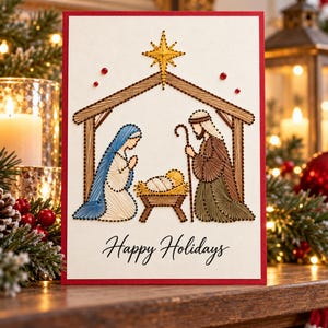 May include: A cream-colored greeting card with a red border features a string art nativity scene. The design includes a brown stable, a yellow star, and figures in blue, brown, and green thread. The text Happy Holidays is printed in black.