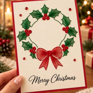 Plantilla de tarjeta de hilo para corona navideña, arte con hilos navideño, patrón de bordado en papel, tarjeta navideña hecha a mano imprimible en PDF