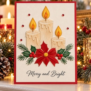 May include: A greeting card featuring string art of three cream-colored candles with yellow flames, a red poinsettia, and green pine sprigs with red berries. The text Merry and Bright is printed in black script at the bottom of the card.