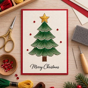 Plantilla de tarjeta de hilo con árbol de Navidad, arte con hilo navideño, plantilla de bordado en papel, tarjeta de Navidad bordada a mano en formato PDF imprimible