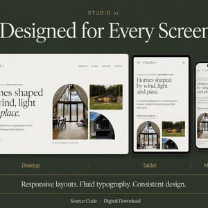 Puede incluir: Una pantalla digital que muestra el diseño de un sitio web en escritorio, tableta y móvil. El texto dice: Studio 01, Designed for Every Screen, Homes shaped by wind, light and place, Responsive layouts. Fluid typography. Consistent design.