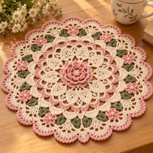 May include: A round, intricate crochet doily featuring a central pink flower, cream-colored petal patterns, and an outer border of pink flowers with small white pearl centers and green leaves, all crafted with fine yarn in a circular design.
