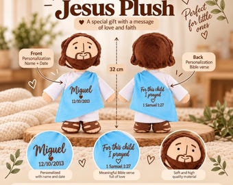 Könnte beinhalten: Eine Jesus-Stoffpuppe mit braunem Haar und Bart, bekleidet mit einem weißen Gewand und einer hellblauen Schärpe. Vorne steht Miguel 12/10/2013, hinten For this child I prayed 1 Samuel 1:27. Die Puppe ist 32 cm groß.