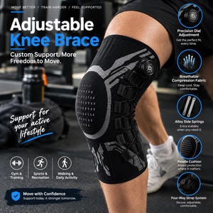 May include: An adjustable black and grey knee brace featuring a precision dial adjustment system, breathable compression fabric, alloy side springs, a patella cushion, and a four-way strap system for support during gym, sports, and daily activities.