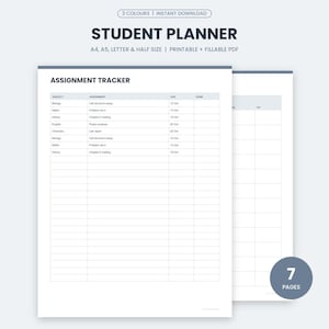 May include: A printable student planner PDF featuring an assignment tracker page with columns for subject, assignment, due date, and completion status. The document includes text headers for student planner, assignment tracker, and 7 pages total.